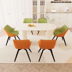 63" medieval modern cream style MDF dining table and PU dining chair set, 6 sets of black metal leg dining chairs, suitable for kitchen&home