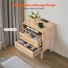 VEVOR Rattan Nightstand, Boho Bedside Table with Open Shelf 2 Drawers, Rattan End Table Nightstand with Solid Wood Legs